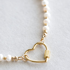 Necklace - Pearl Heart Lock Gold