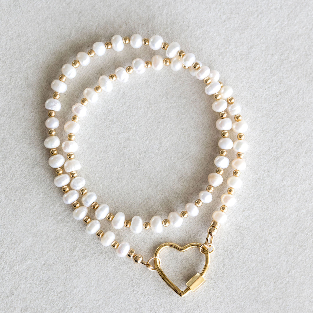 Necklace - Pearl Heart Lock Gold